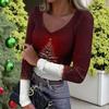 Women's Winter Slim-Fit Base Layer T-Shirt Fashionable Christmas Print V-Neck Pullover Long-Sleeved Top