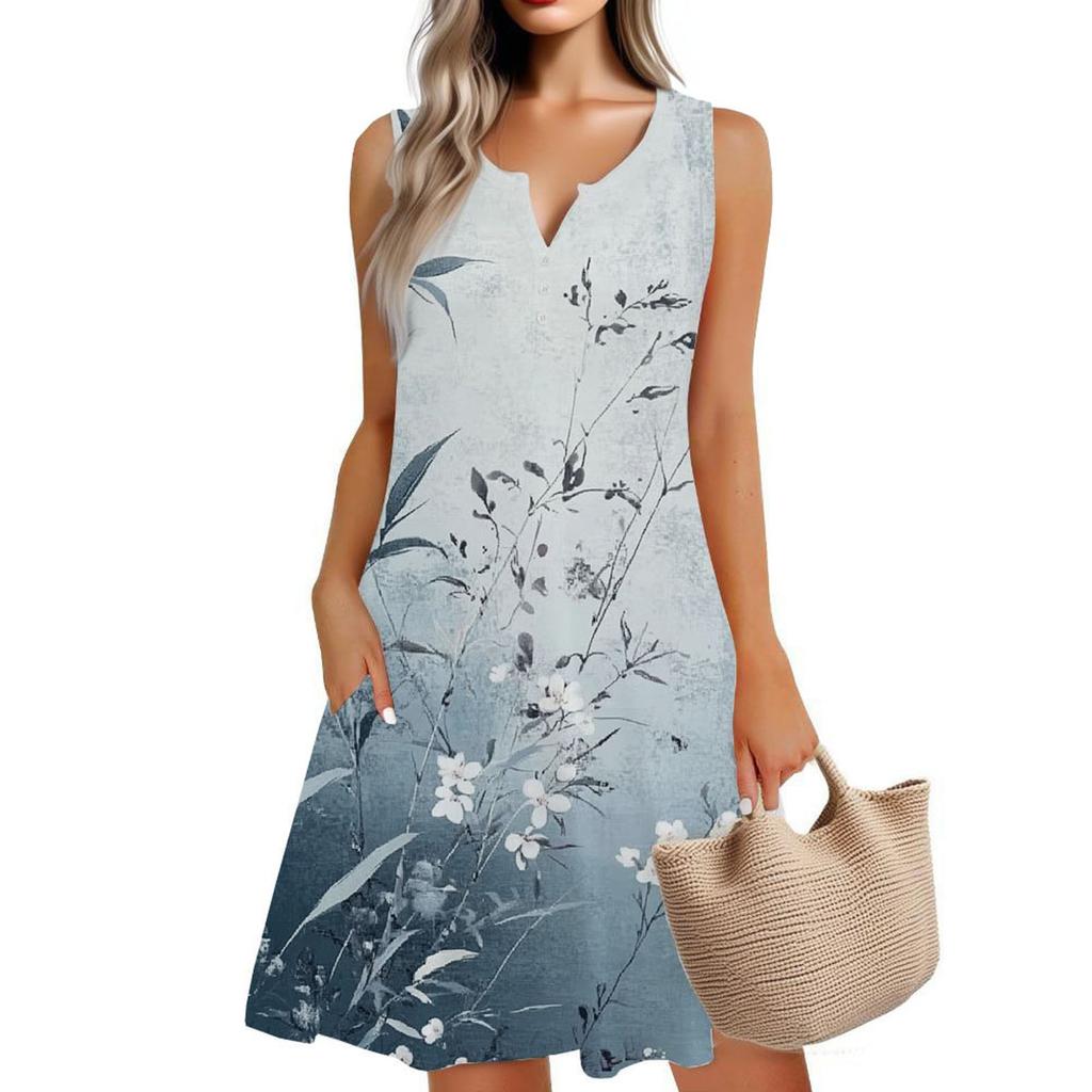 Women's Summer Casual V-Neck Floral Button Dress With Pockets