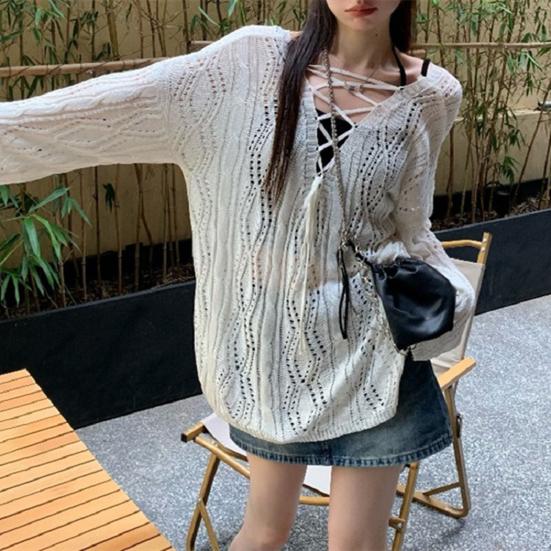 Women Knitting Hollow Design Tops V-Neck Straps Collar Long Sleeve Pullover Tops
