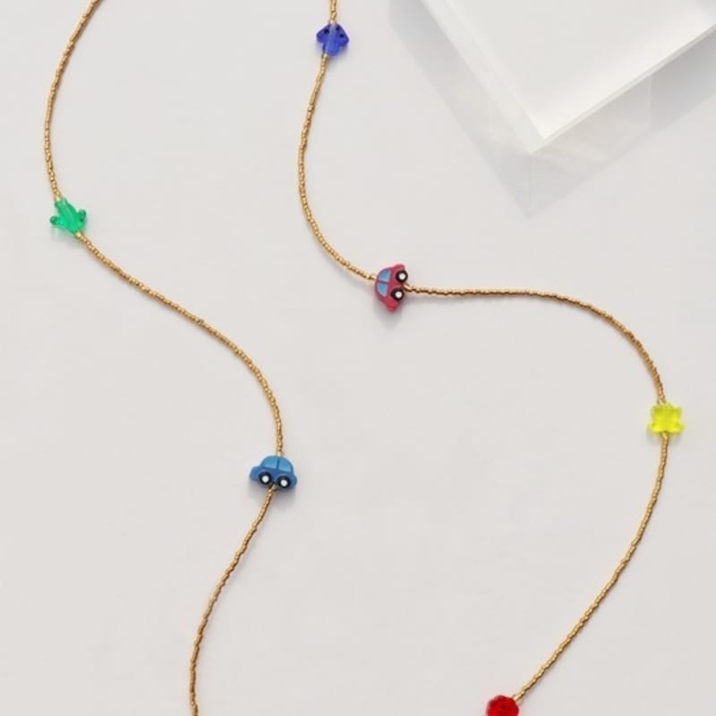 BONBEAU Unique and Fun Charms Gold Beads Long Necklace Color Motif Charm Gold Bead Long Necklace Kitsch Necklace