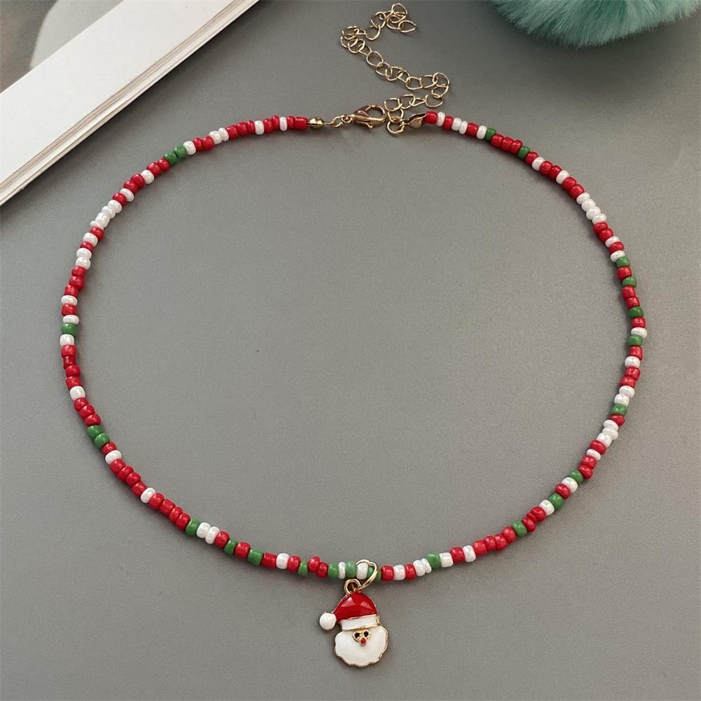 Christmas Necklaces for Women Girls Handmade Rice Beads X'mas Tree Santa Claus Snowman Gift Necklace Pendant New Year Jewelry