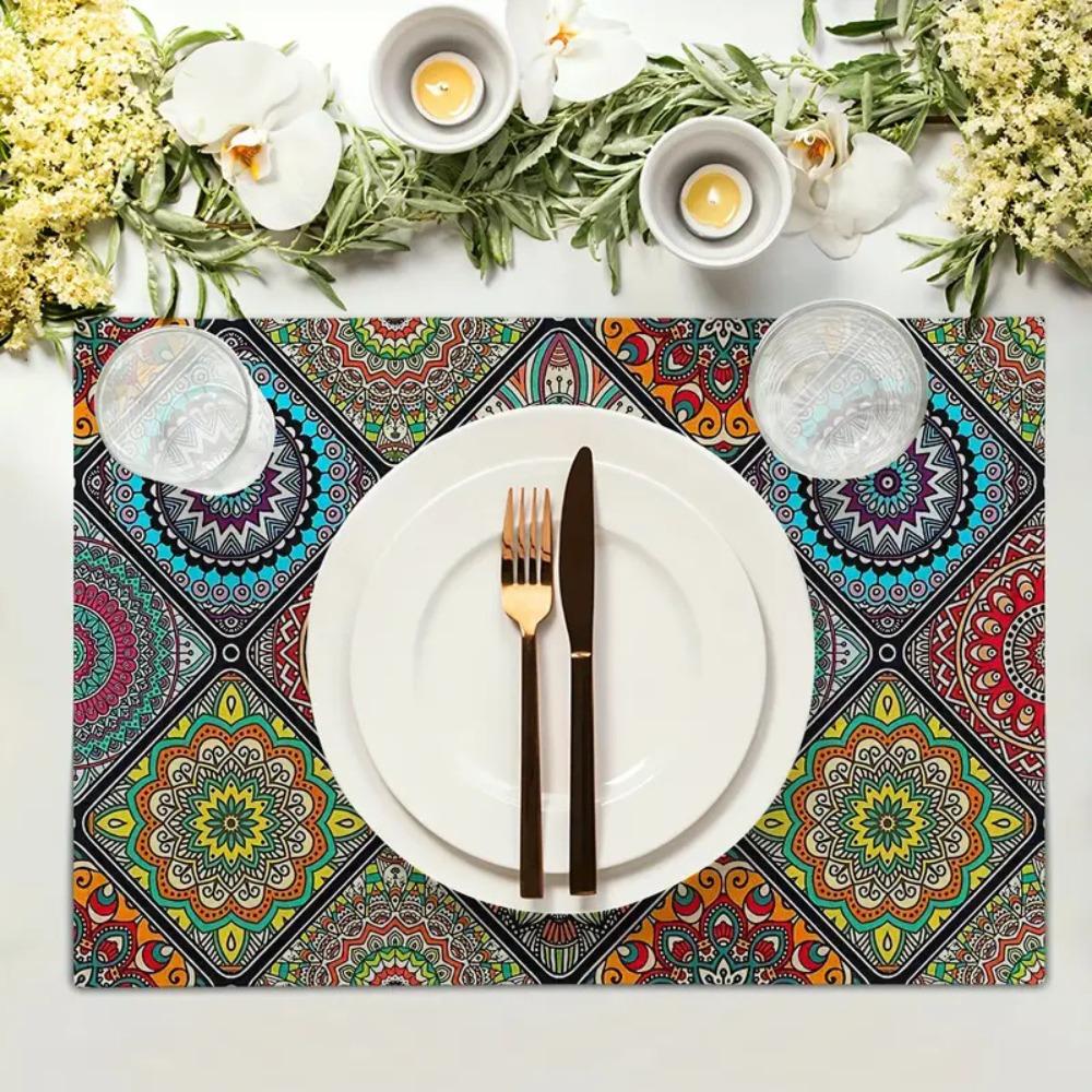 4Pcs Rectangular Boho Mandala Placemats Linen Floral Dining Mats Geometric Table Mat Dinner