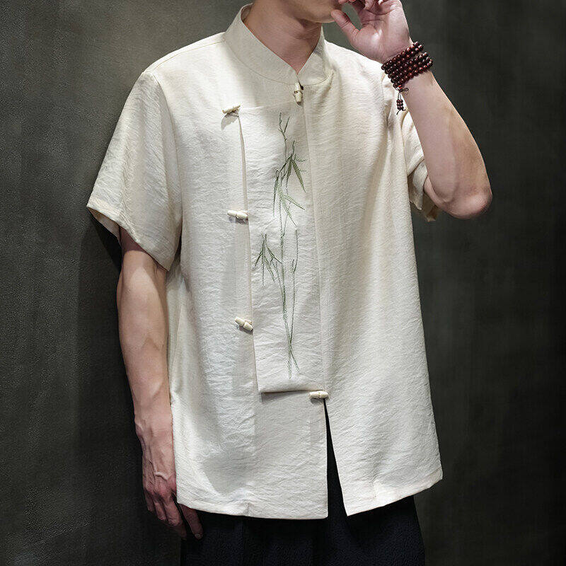 2025 Men Chinese Style Shirts Men Short Sleeve Shirt Summer Men Bamboo Leaf Shirt Men Cotton Trendy Loose Vintage Tops