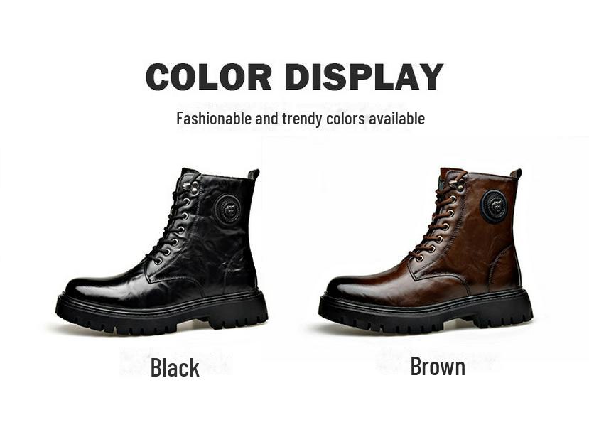 Men's Trendy Wool-Lined Cowhide High-Top Martin Boots with Side Zipper - Casual and Warm.