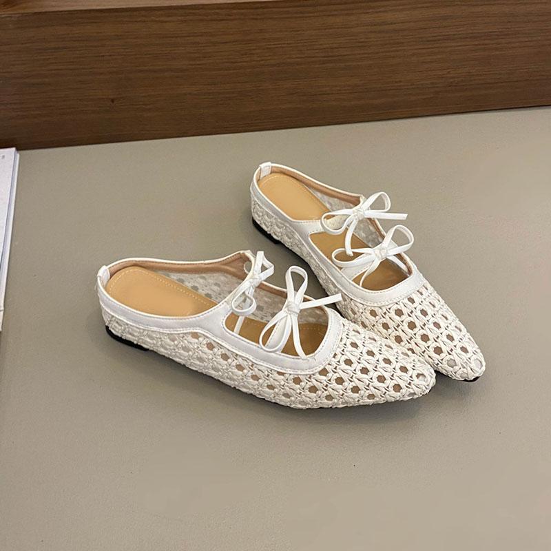 Comemore Women Weave Slippers Lace Up Middle Heel Sandals Casual Solid Woman Shoes Summer New Baotou Half Mules Shallow Slides
