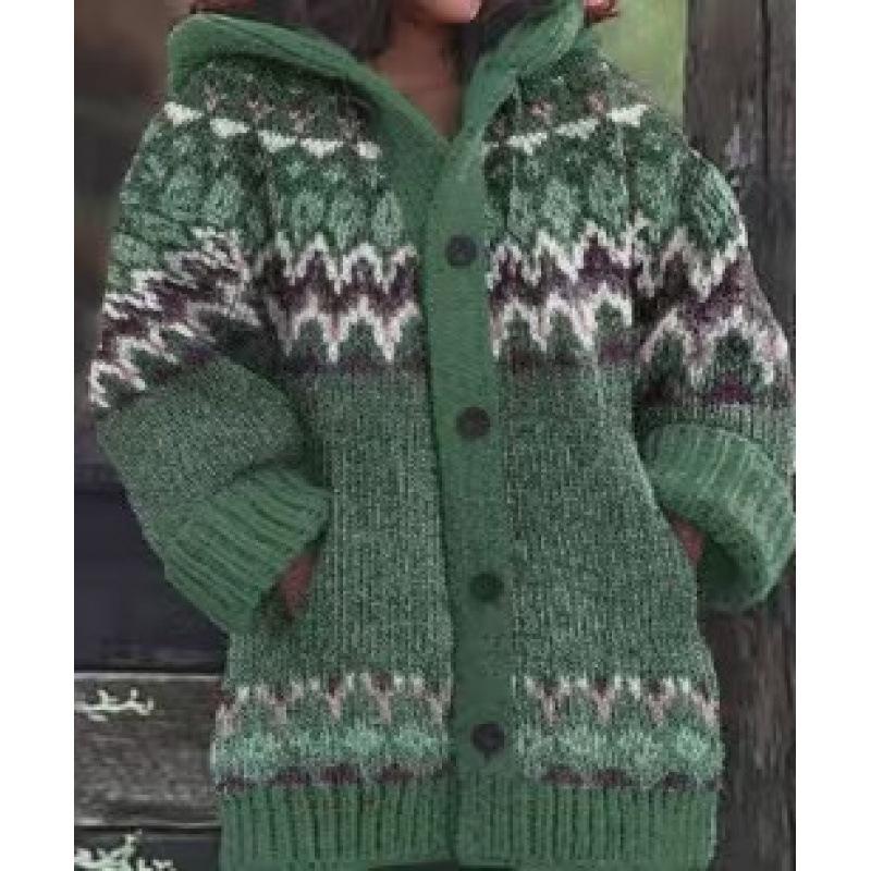 Damen Strickjacke mit Kapuze 3D Tierdruck Einreiher Langarm Mantel mit Taschen