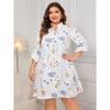 White Printed Loose Plus Size Midi Dress For Women
