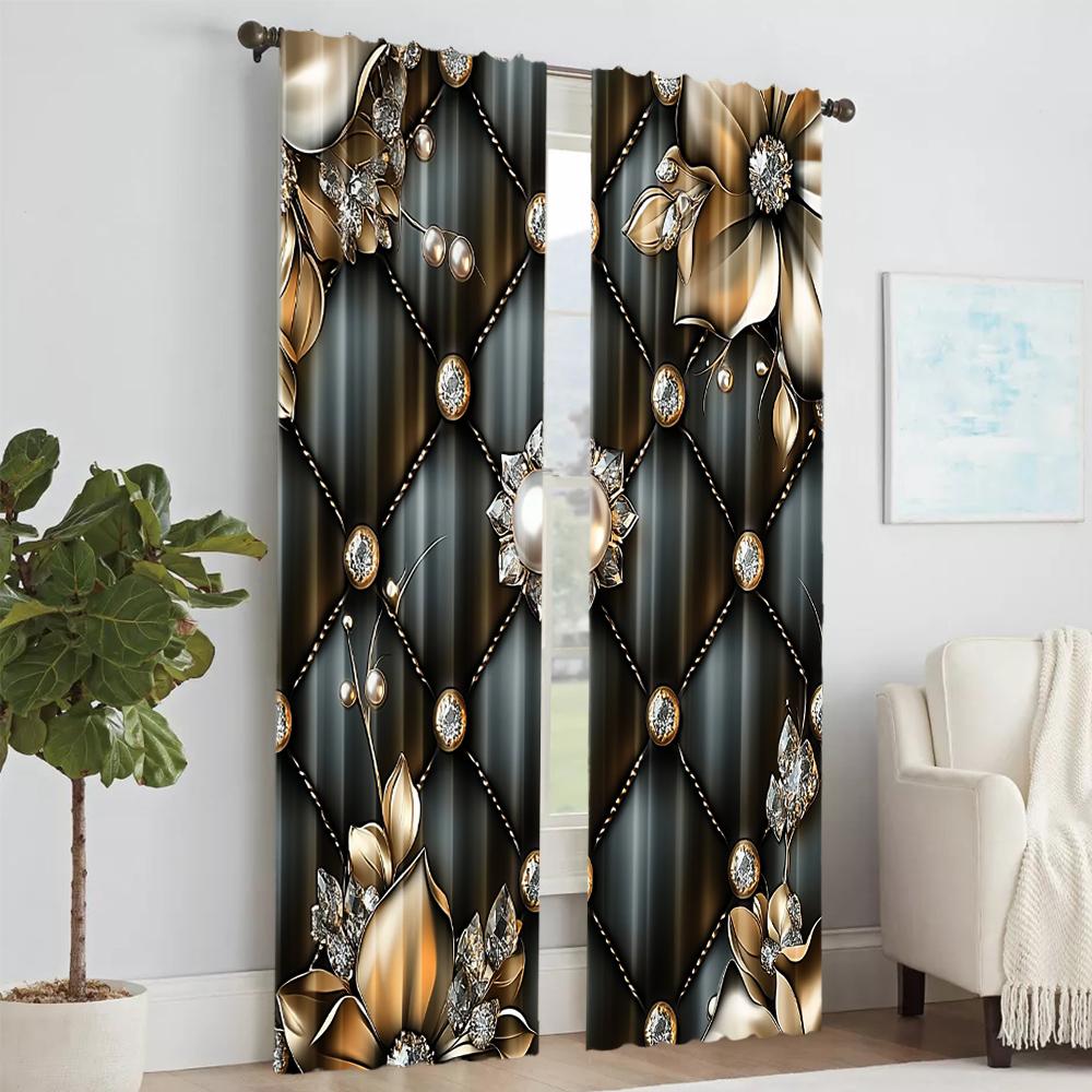 2Pcs Elegant Diamond Pattern Polyester Curtains With Floral Accents Machine Washable Light-Filtering Rod Hole Hanging