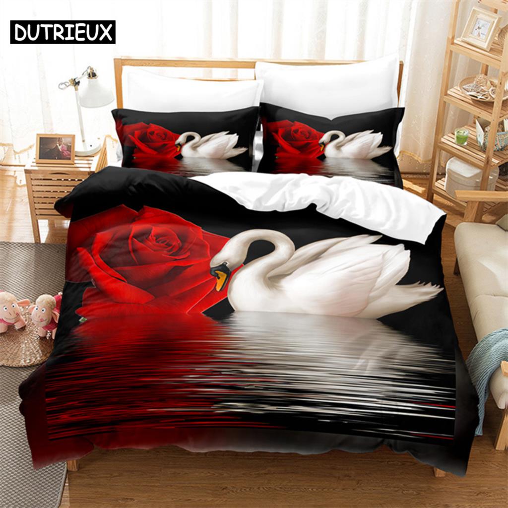 3D potisk červené růže - 3dílná sada povlaku na přikrývku, k dispozici ve velikostech King, Queen, Full, Single & Double