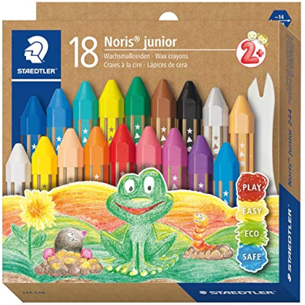 STAEDTLER 224 C18 Noris Junior Heavyweight Wax Crayons for Kids in 18 assorted colors in a cardbo...