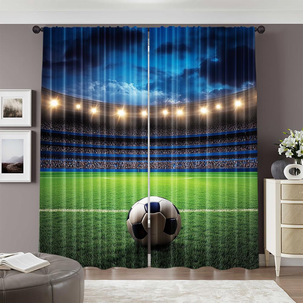 Blackout Flat Window Curtains Football Stadium Night Fans Cheering Green Field Polyester Festive Wall Decor Curtain Set Of 2 Made Washable