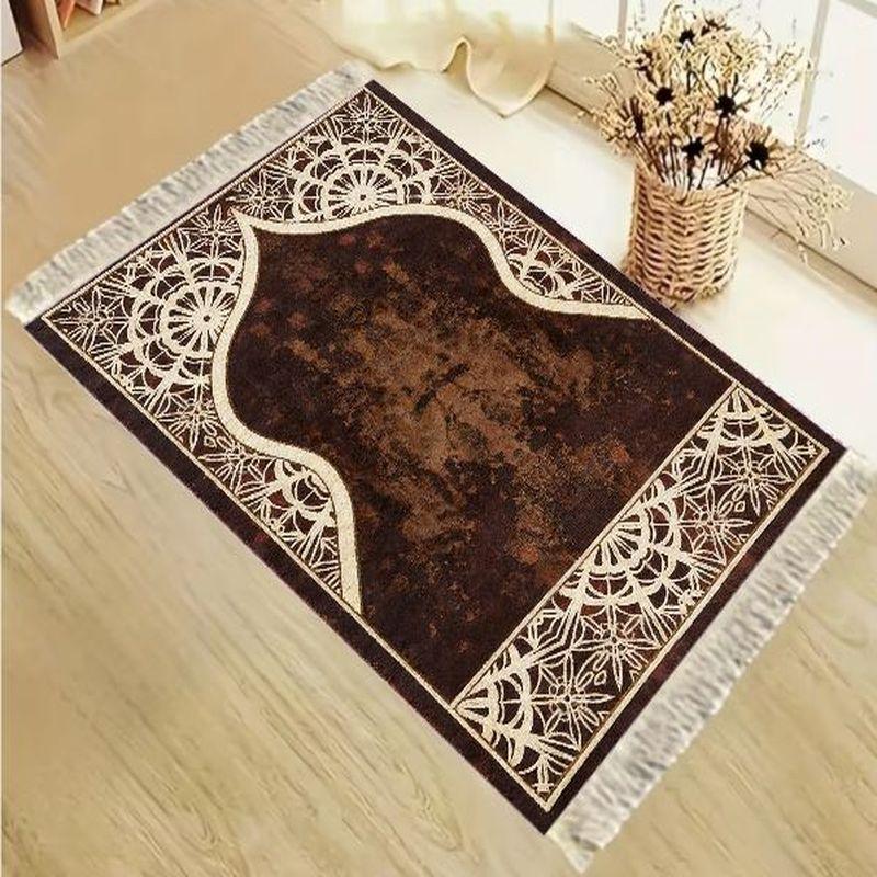 Tapis de Salat Islamique en Velours Motif Floral Bleu Vintage Arches de Mosquée Tapis de Prière Portable Antidérapant Décoration de Maison pour l'Aïd Cadeau