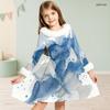 Girls Furry Collar Long Sleeve Beige Black Printed A Line Flared Dress With Bow
