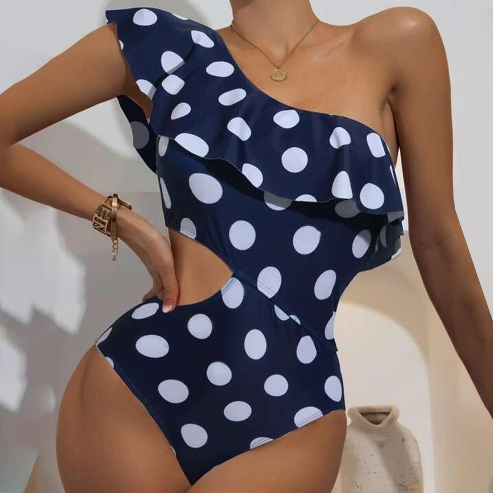 

Женский купальник на одно плечо в горошек, сексуальный бикини с рюшами, повседневный цельный купальник XL тёмно-синий