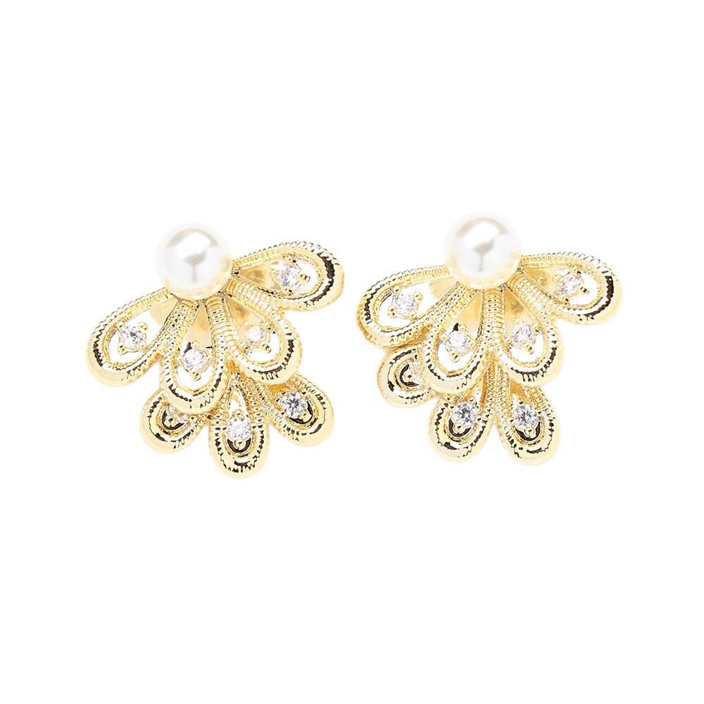 New Chinese lace half fan butterfly double pearl flower stud earrings femininity exquisite high-end earrings earrings