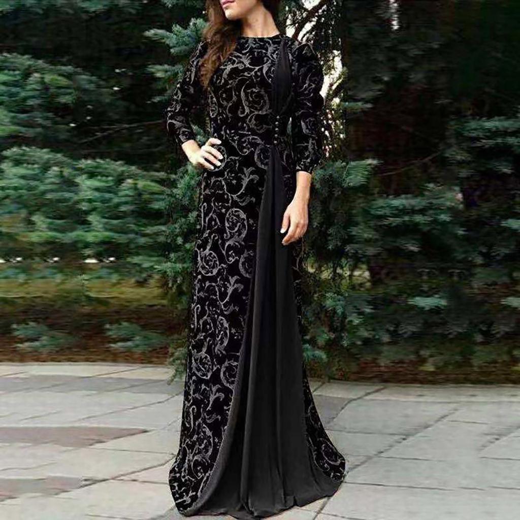 Women Dubai Arabian Floral Print Long Dress Muslim Dress Islamic Long Dress