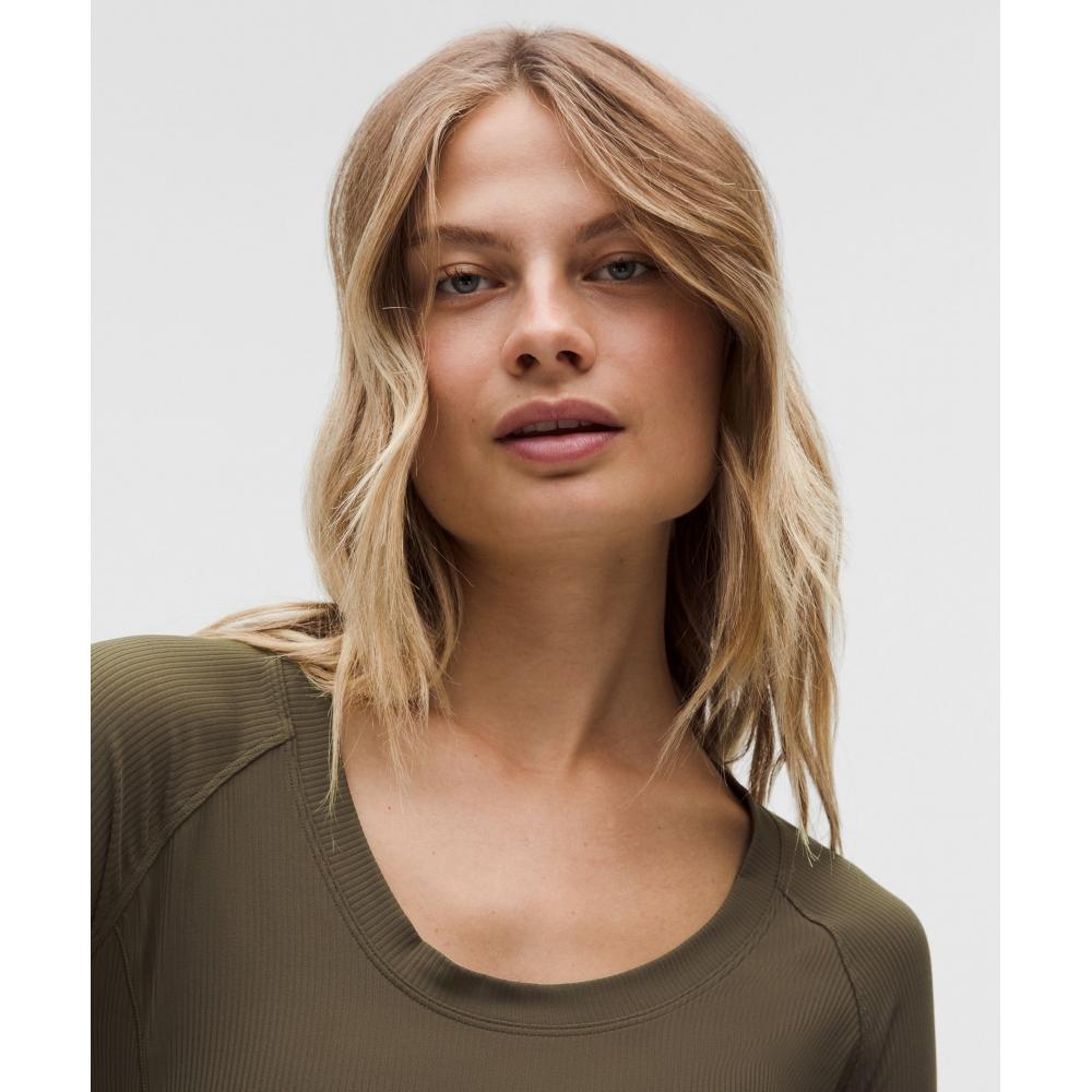 Lululemon All Aligned Ribbed Long Sleeve Midi Dress Olive Brown