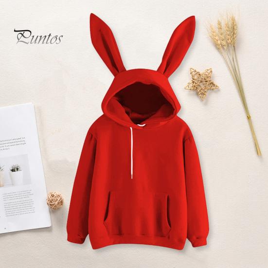 Winter Hooded Sweatshirt Women Fall Hoodie Bunny Ear Decor Solid Color Loose Long Sleeve Cold Weather Elastic Cuff Drawstring Soft Warm Casual