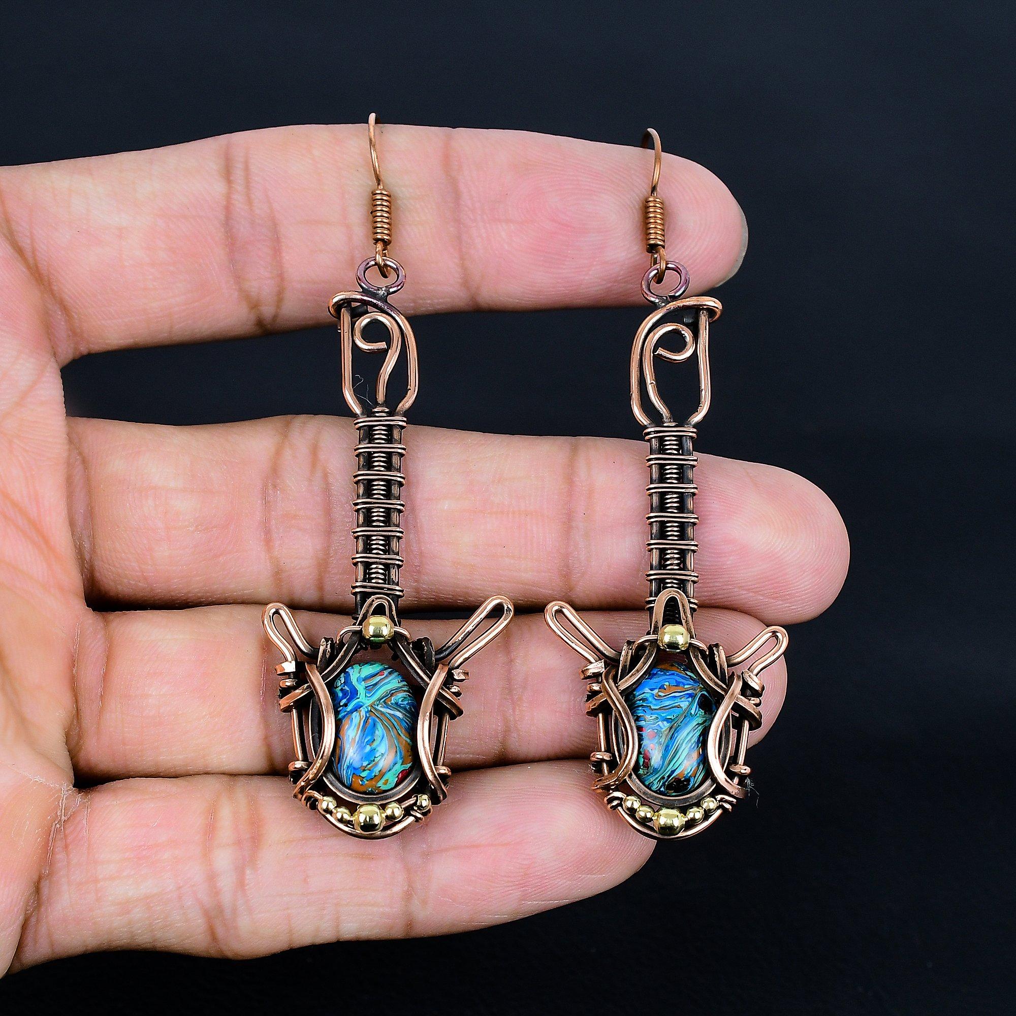 

Rainbow Calsilika 999 Copper Wire Wrapped Earrings, Handmade Gemstone Jewelry Earrings For Memorial Day 2.55 Inches