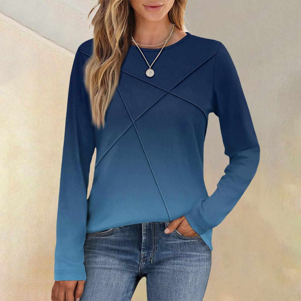 Fashionable Women's Long-sleeved Gradient Round Neck Casual Pleated Loose Top
