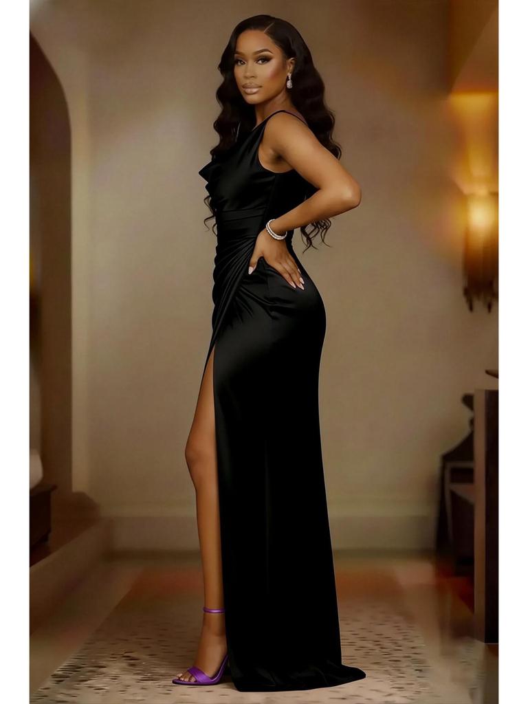 Elegancka Suknia Wieczorowa Bez Rękawów z Rozcięciem na Dole, Modelująca Sylwetkę