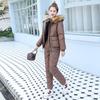 Women's Winter Solid-Color Minimalist Warm Set Thickened Hooded Coat with Large Fur Collar + Pants Two-Piece Set