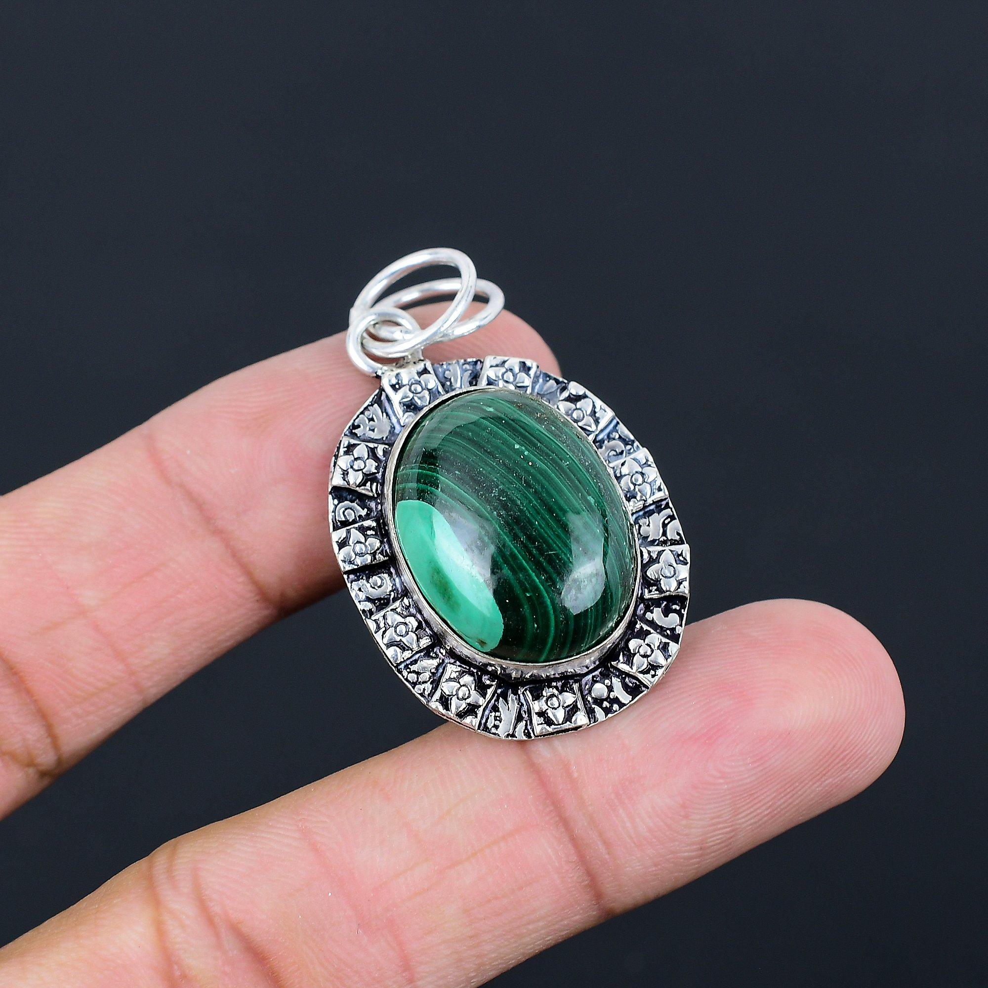 Natural Malachite Gemstone Pendant 925 Sterling Silver Indian Jewelry For Girls
