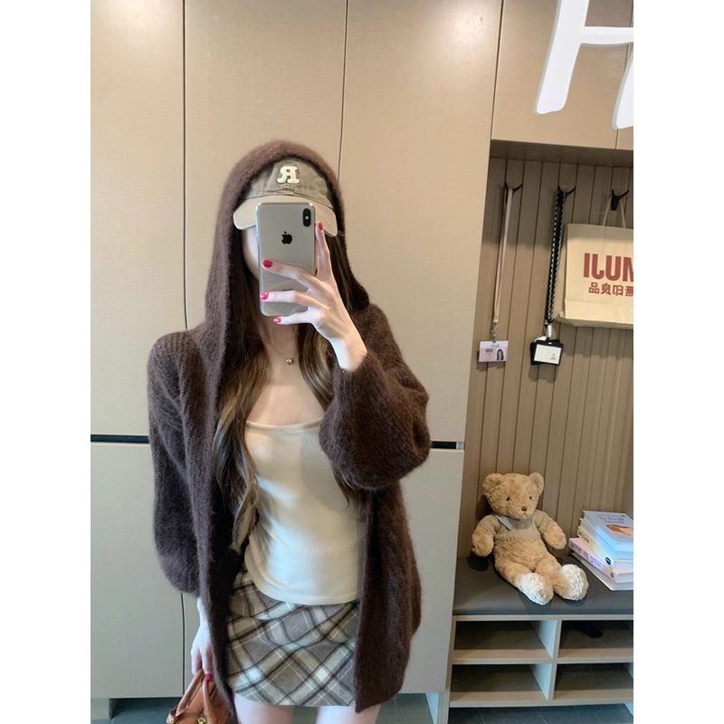 Kumikumi Idle Style Brown Knitting Cardigan Sweaters Women's Clothing Fall Easiest for Match Loose Slim-Fit Casual Shirt