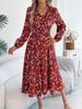 Women Elegant Floral V Neck Long Sleeve High Waist Ruffled A Line Long Dress