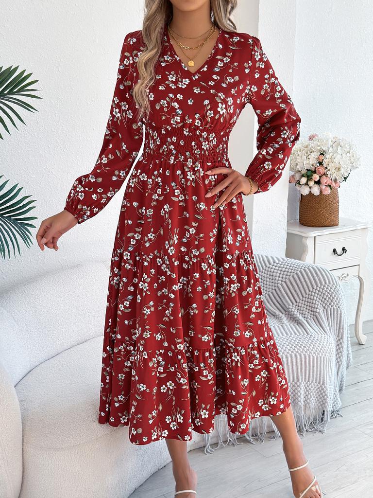 Women Elegant Floral V Neck Long Sleeve High Waist Ruffled A Line Long Dress