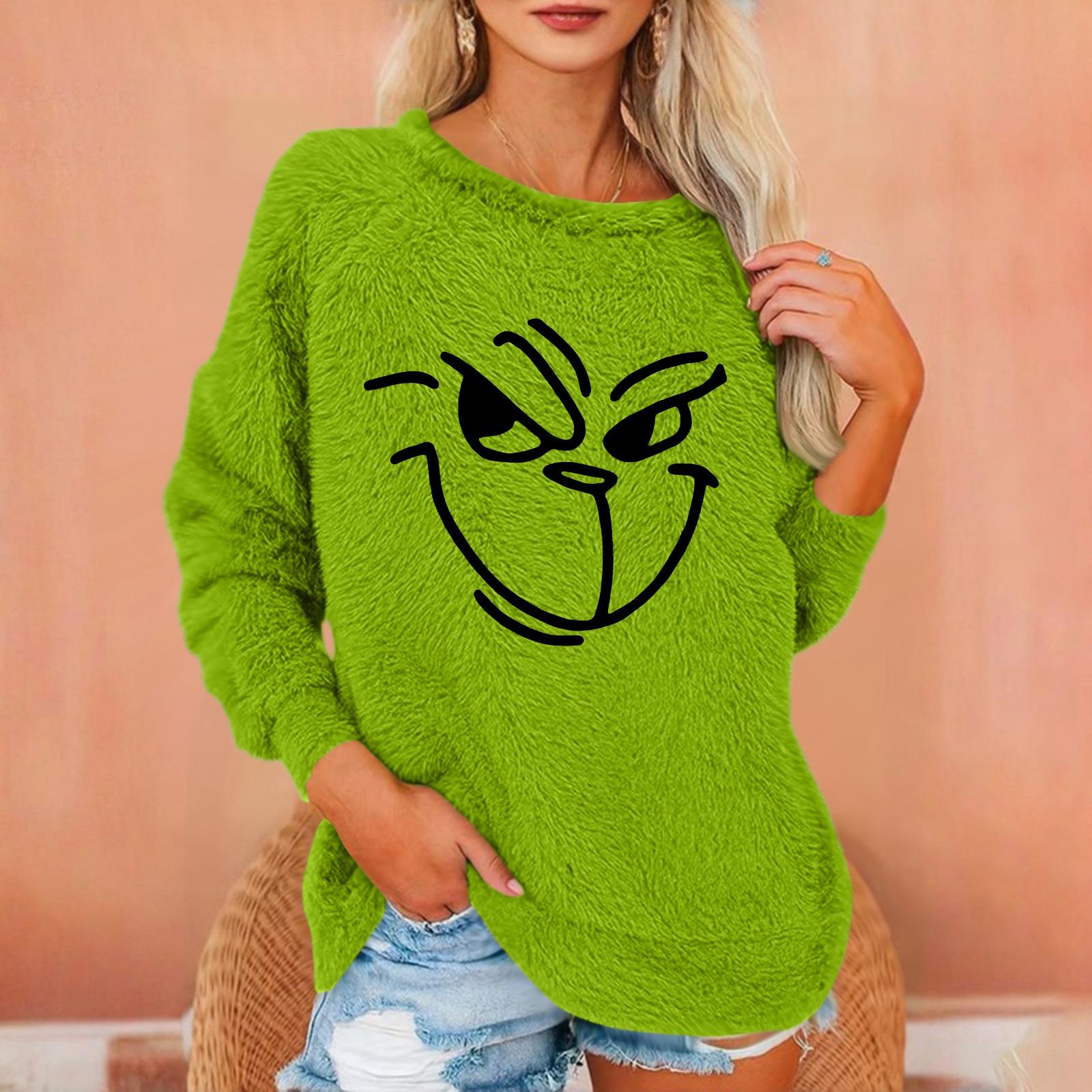 

Women s Fashionable Round Neck Long Sleeved Christmas Printed Loose Plush Warm Pullover Top XXL