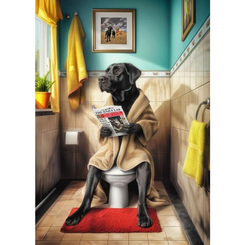 Modern Lion Dog Highland Sitting On Toilet Reading Newspaper Poster Funny Animal Print Canvas Painting Bathroom Decor Picture