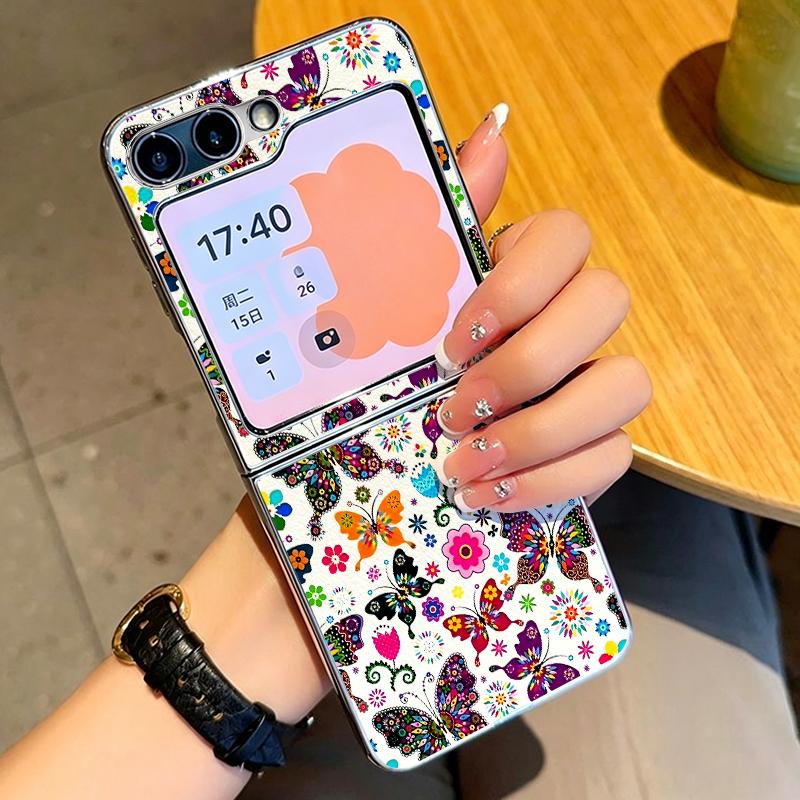 Colorful Butterfly Pattern Case For Samsung Galaxy Z FlIP 7 FE 6 5 Plating PC+PU Leather Hybrid Folding Cover For Samsung Z Flip7 Flip6 Flip5