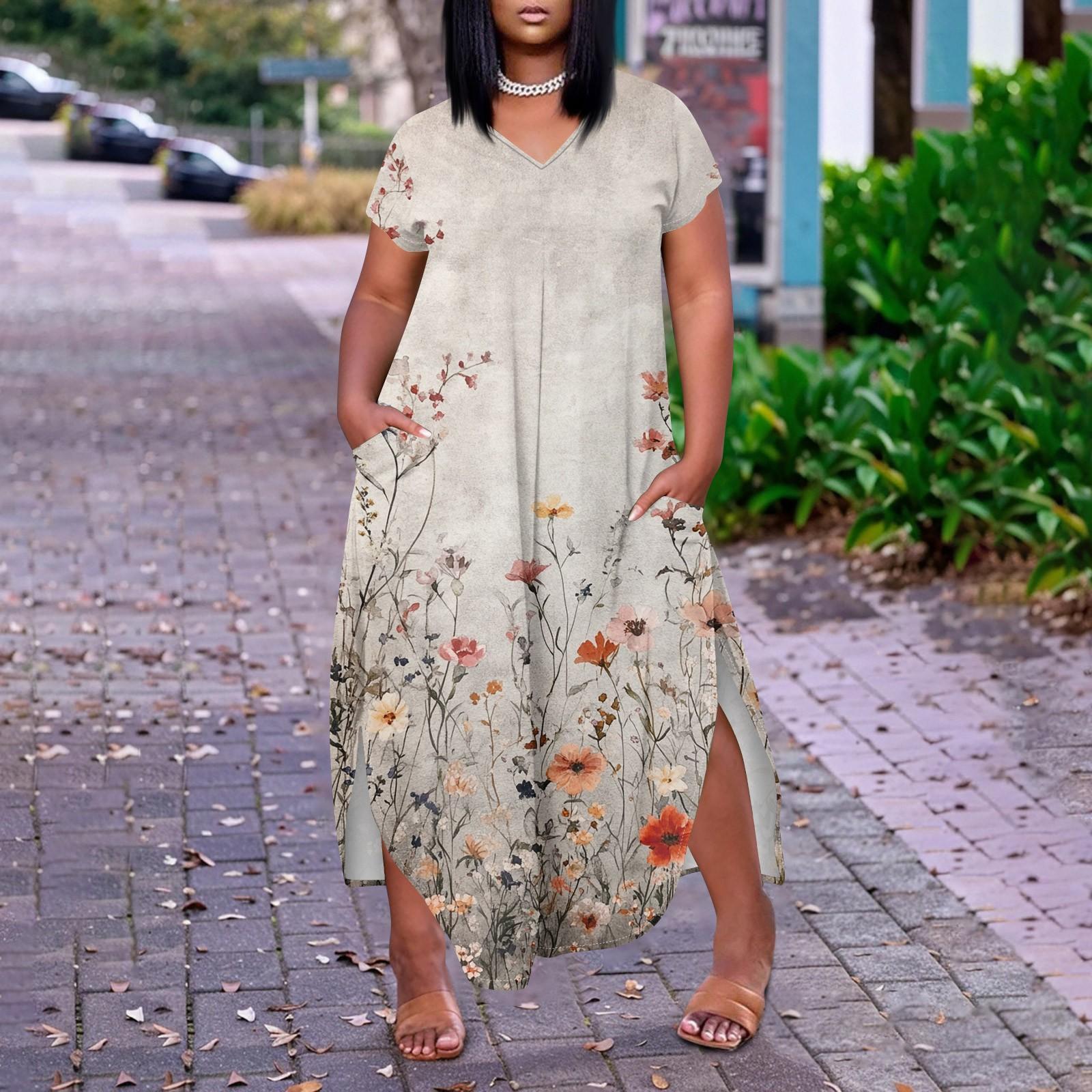 Women s Plus Size Floral Maxi Dress with Pockets, Short Sleeve V-Neck Casual Loose Fit Summer Beach Dress XXXL