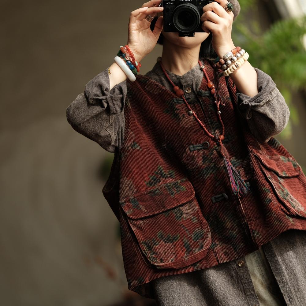 

Johnature Vintage Women Coats V-Neck Sleeveless Print Floral Button Patchwork Pockets Autumn Coats One Size