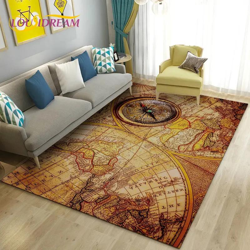 Alfombra retro con diseño de mapa del mundo vintage y brújula, para sala de estar, dormitorio, sofá, decoración, alfombra antideslizante para el suelo