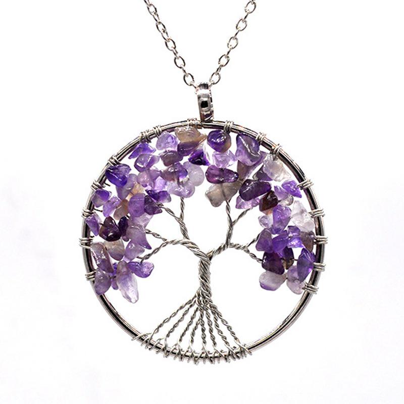7-Color Crystal Tree of Life Pendant Necklace - Handmade Wire-Wrapped Gemstone Wealth Tree Ornament