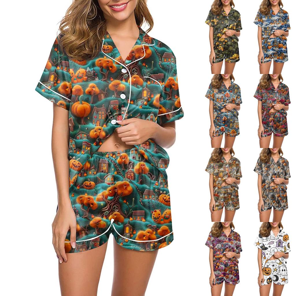 Women's Casual Fashion Halloween Printed Short Sleeve Home Suit
