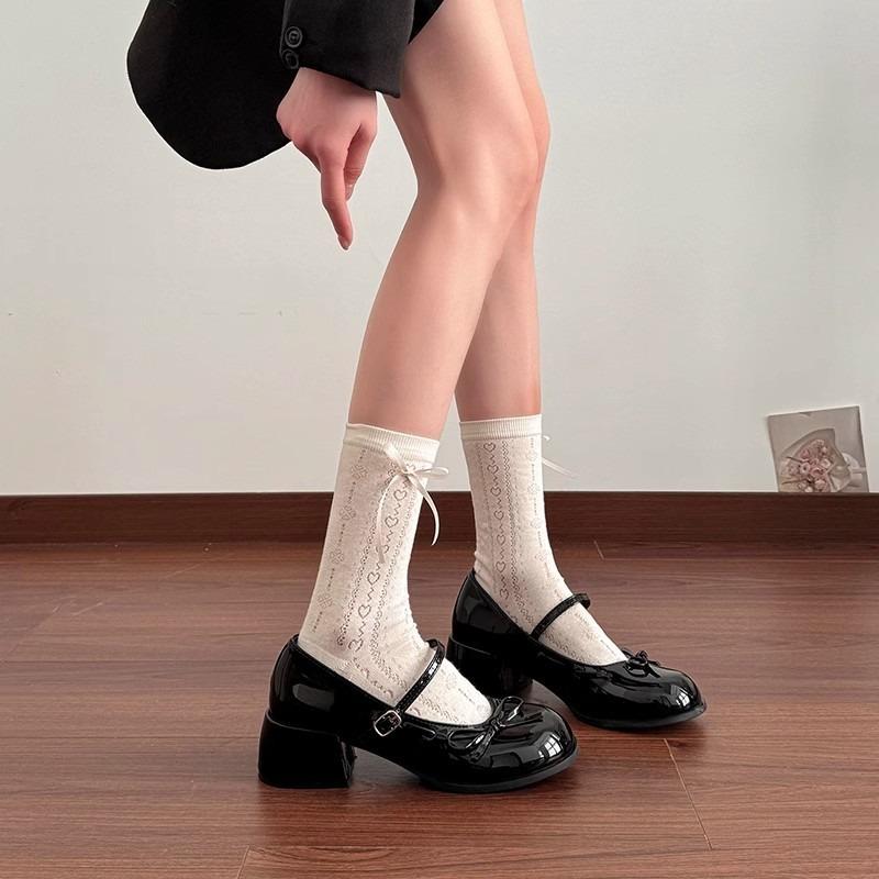 Fashion Women French Ballet Mary Jane Shoes Fashion with Bow Casual Leather Shoes Patent Leather Thick Heel Shoes Sandalias Mujer Verano