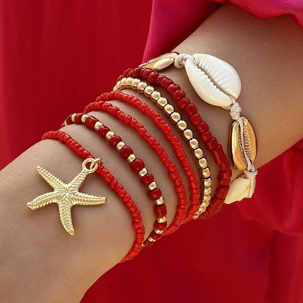 7Pcs Bohemian Shell Bracelet Set For Women Starfish Charm Rice Beads Wristband Bangle Girls Summer Beach Jewelry Accessories