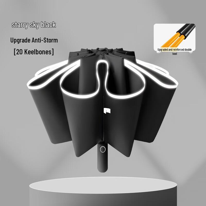 Yudu Reflective Semi-Automatic 10-Rib Folding Umbrella - Black (2-Pack)