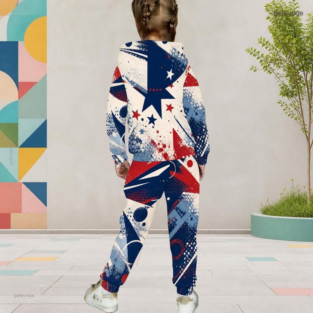 Girls Printed Hooded Long Sleeve Two Piece Pants Set Kangaroo Pocket Cuffed Sweatpants