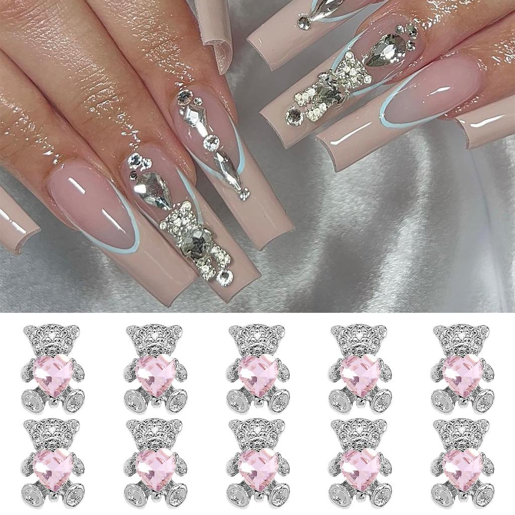 10pcs Bear Shaped Alloy Nail Jewelry Golden Sliver Bears With Pink Gold White Rhinestones Art Decorations Manicure DIY Accessori