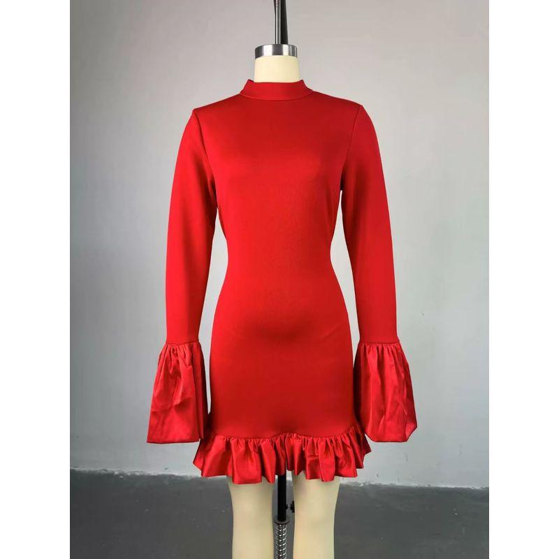 

European and American Half-high Collar Bell Sleeve Frill Dress Half High Neck Lotus Leaf Dress Red S