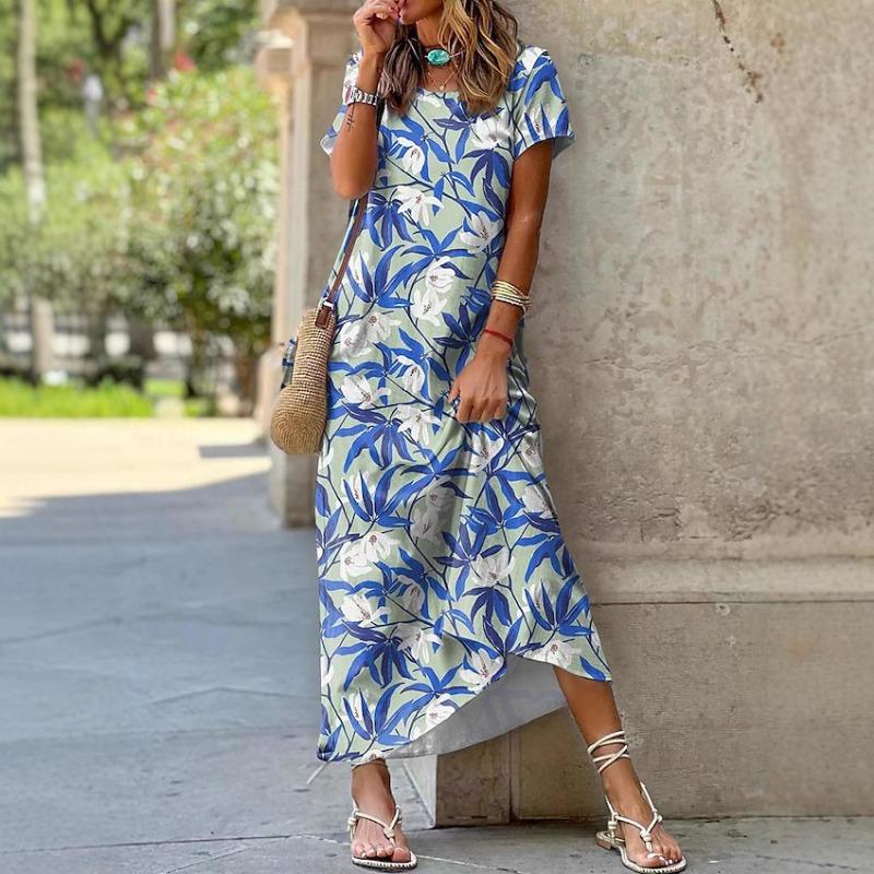 TIFICY Women s Fashion Summer Spring Flower Pattern Print Short Sleeve O-Neck Loose Waistline Casual Dresses S