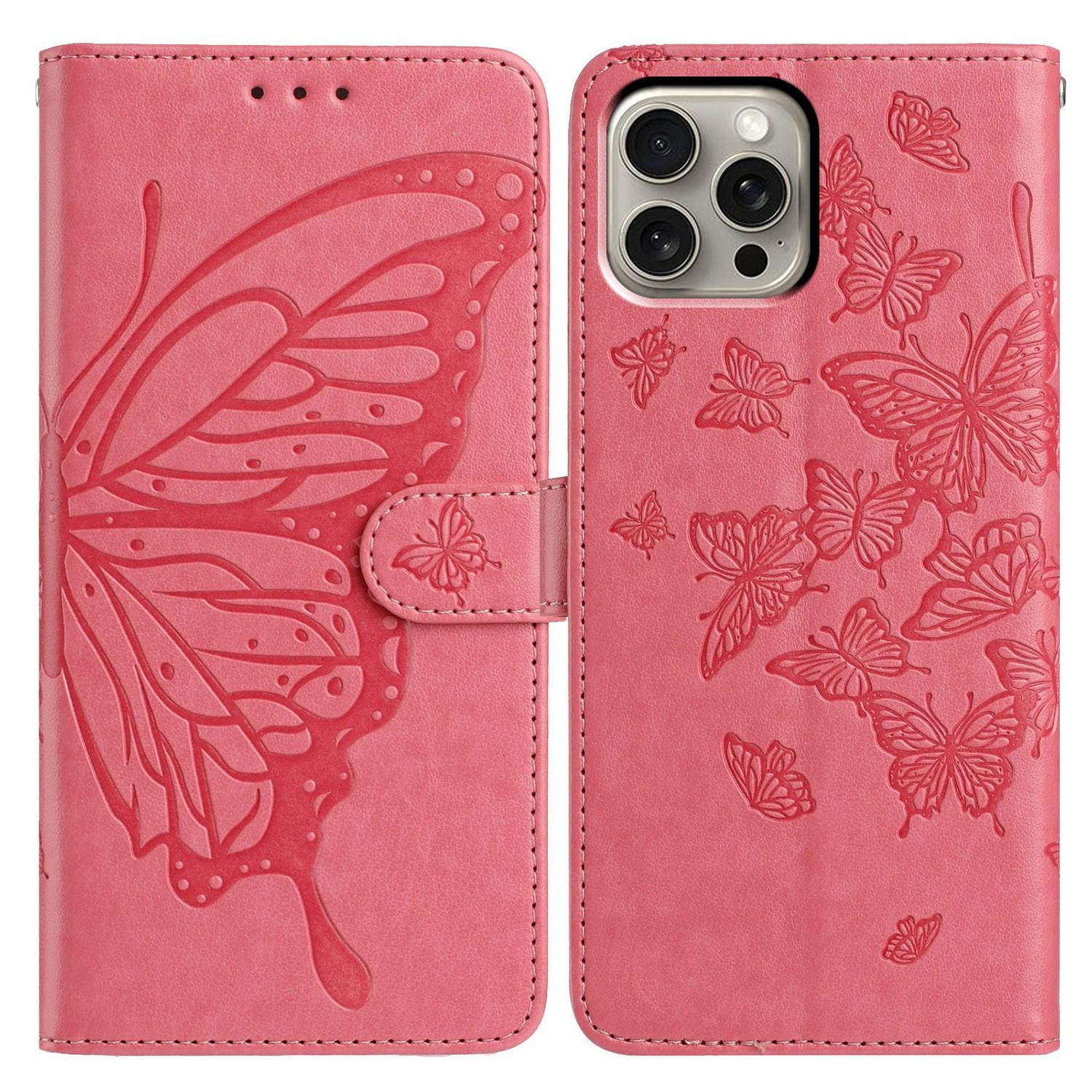 

For iPhone 15 Pro Case Butterfly Imprinted Wallet Stand PU Leather Flip Phone Cover with Strap Rose