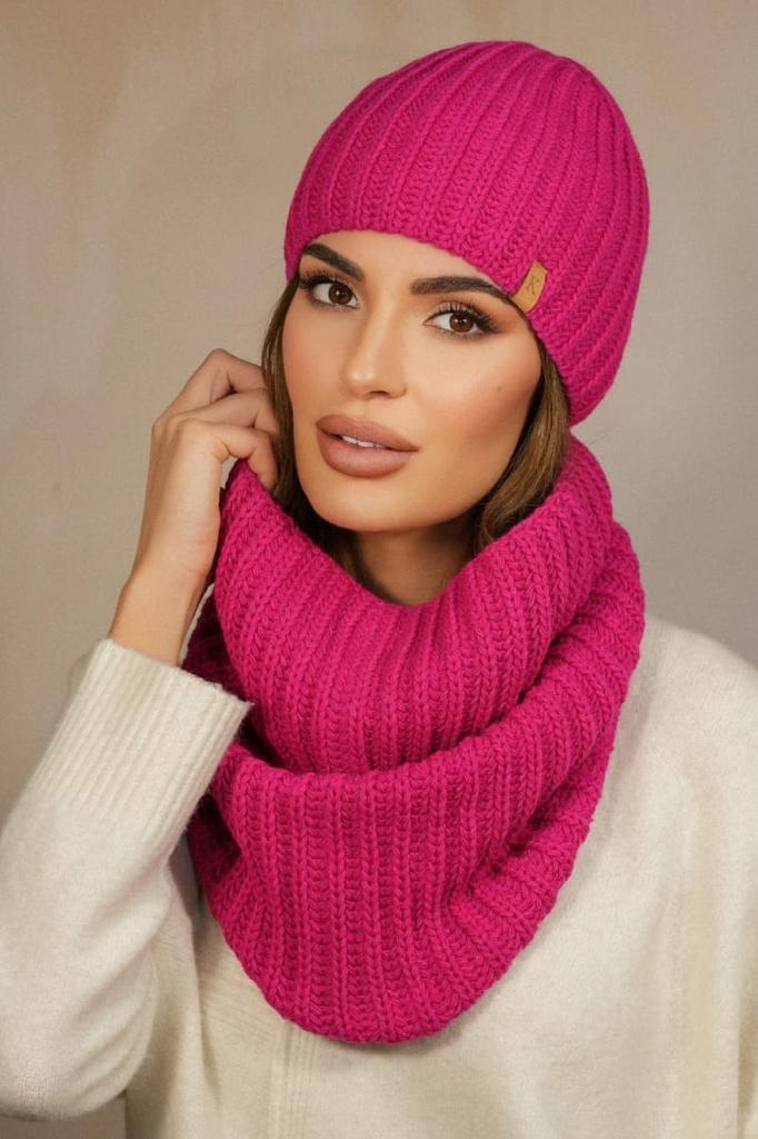Chicory Winter Set Hat with Snood in Thick Stripes, Raspberry Color