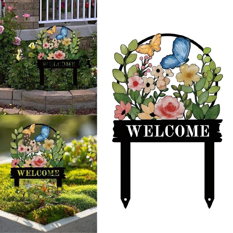 Iron Welcome Sign Stake for Garden Display, Twin-Pointed Soil Insert for Yard, Lawn and Flower Bed Outdoor Placement Use for Home Garden
