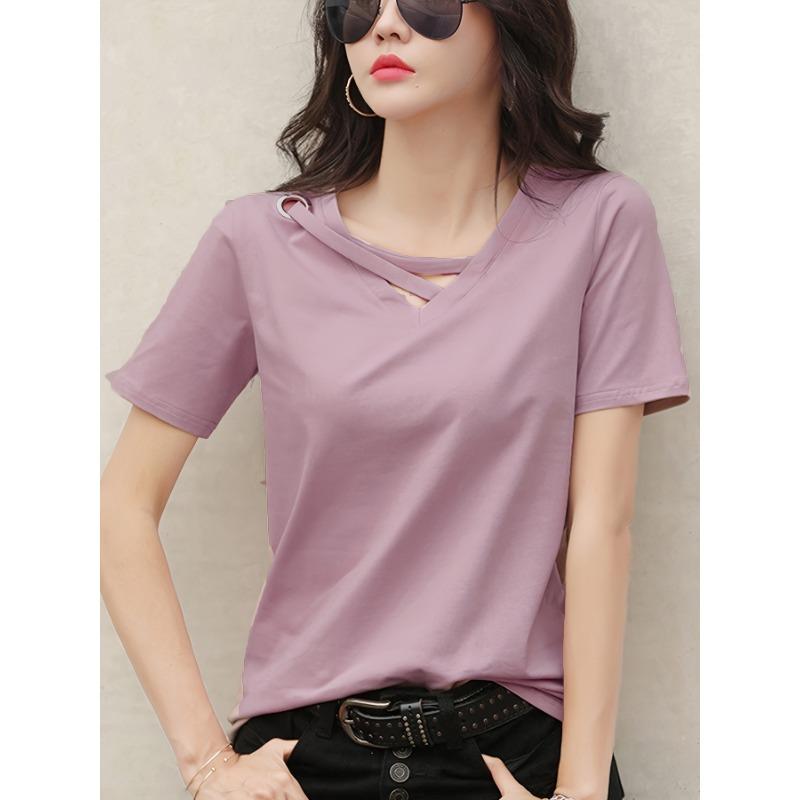 Women's Casual Fashion V-Neck Top Summer White T-shirt