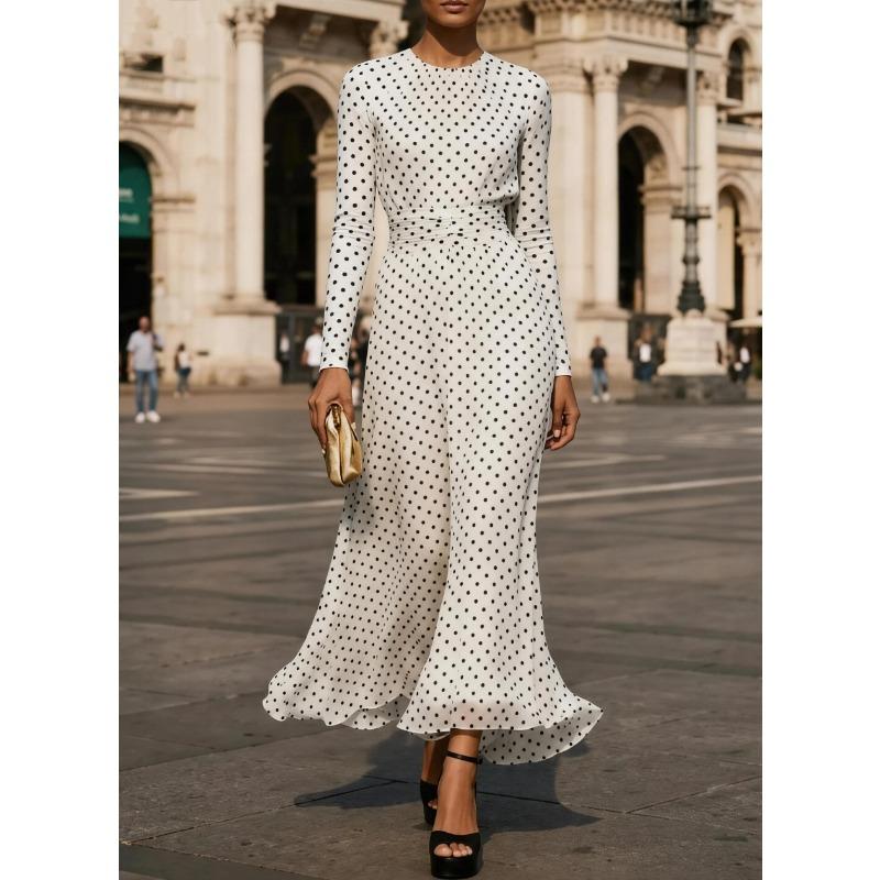 TIFICY Women s Fashion Spring Fall Polka Dot Print Long Sleeve O-Neck High Waist Casual Dresses S